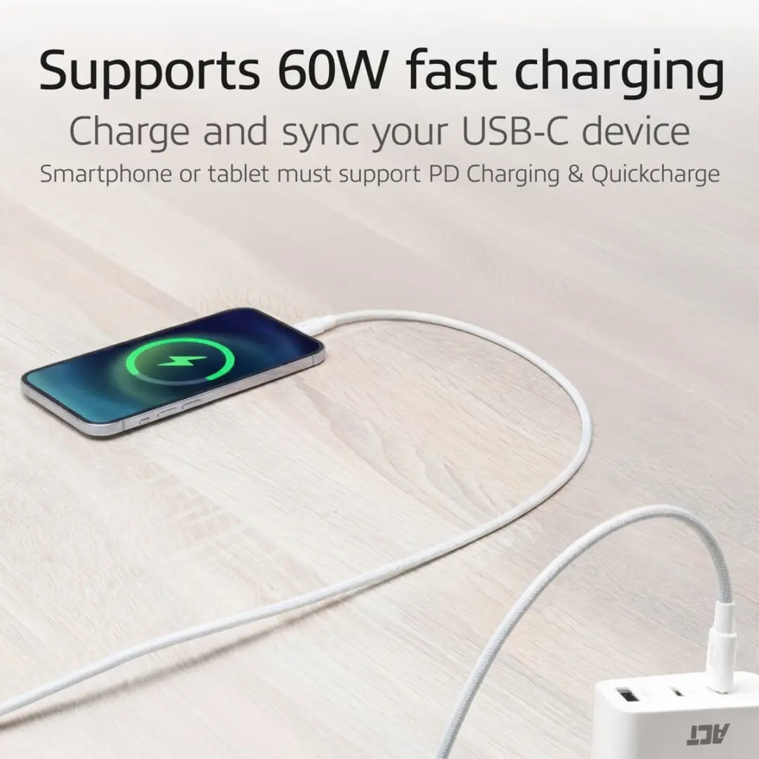 ACT AC3080 USB-C naar USB-C Kabel 60W - 1m - Wit