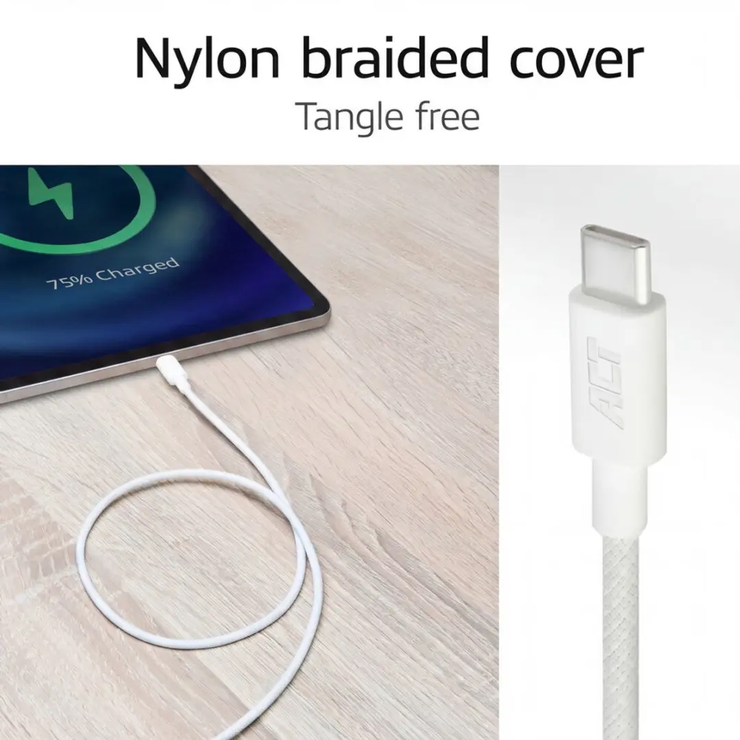 ACT AC3080 USB-C naar USB-C Kabel 60W - 1m - Wit - afbeelding 6 van 6