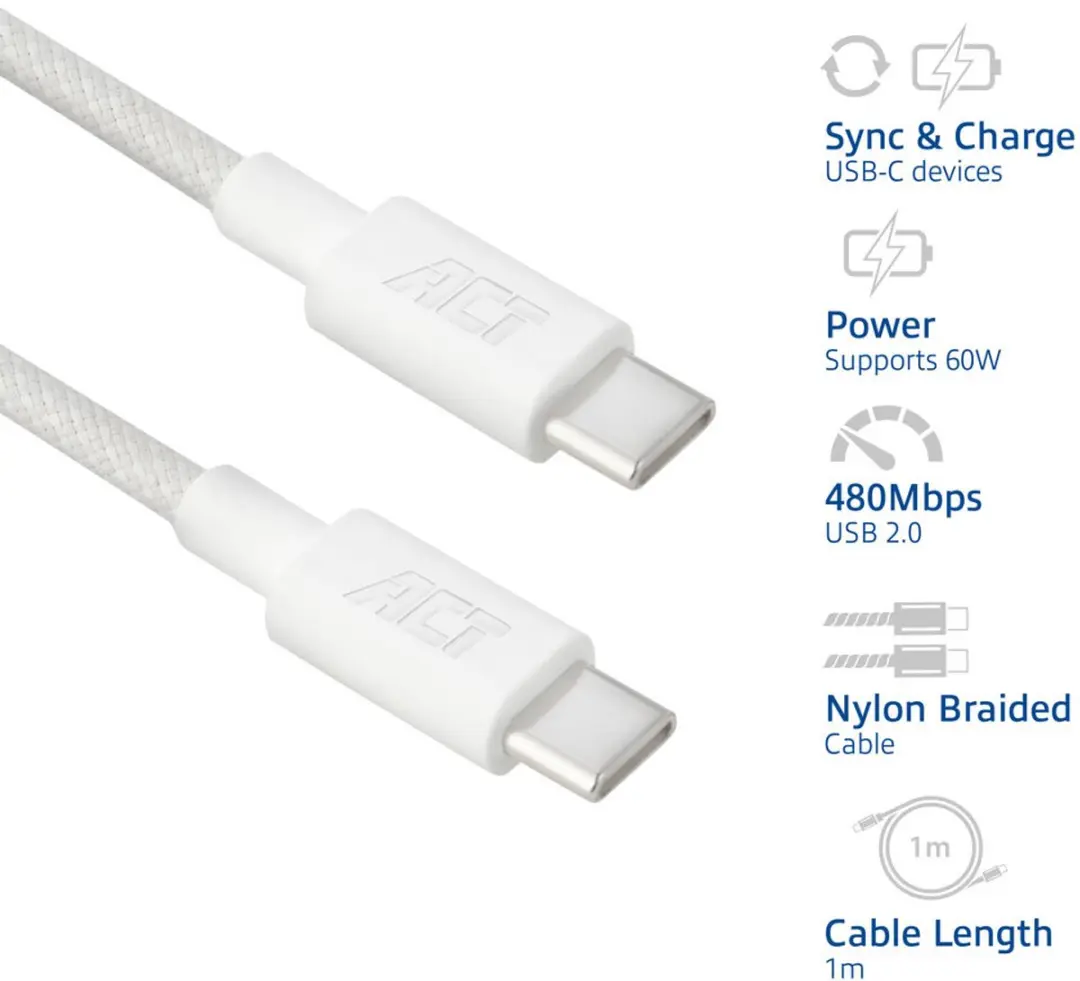 ACT AC3080 USB-C naar USB-C Kabel 60W - 1m - Wit
