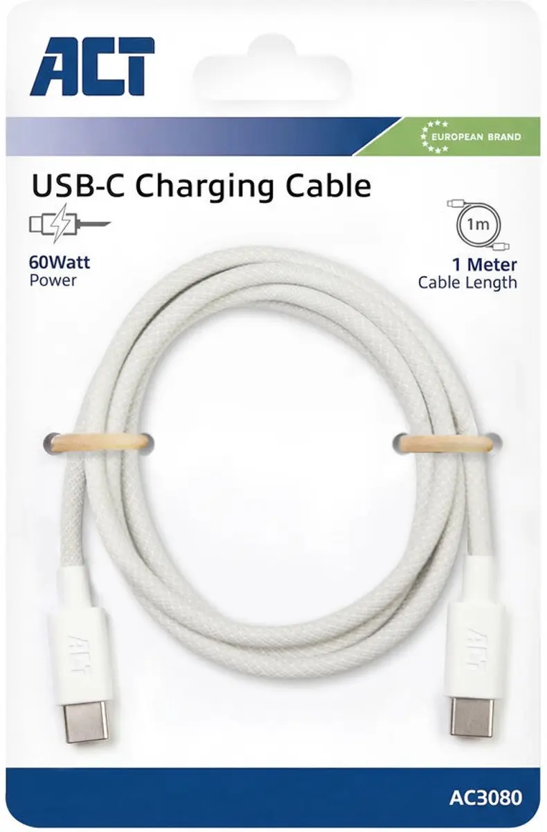 ACT AC3080 USB-C naar USB-C Kabel 60W - 1m - Wit