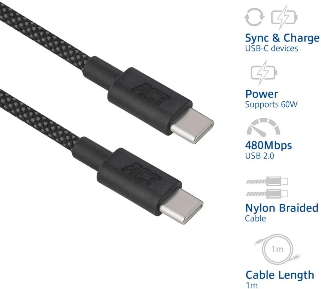 ACT AC3082 USB-C naar USB-C Kabel 60W - 1m - Zwart