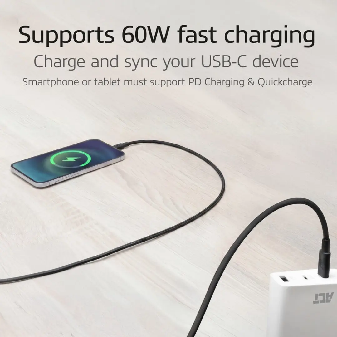 ACT AC3082 USB-C naar USB-C Kabel 60W - 1m - Zwart