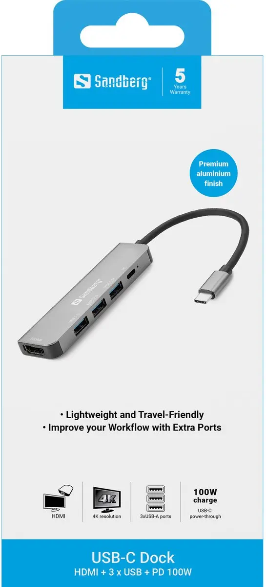 Sandberg 136-32 USB-C Dock - HDMI + 3x USB + PD 100W - Grijs