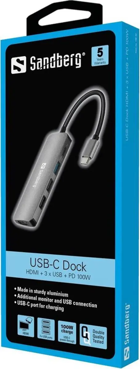 Sandberg 136-32 USB-C Dock - HDMI + 3x USB + PD 100W - Grijs