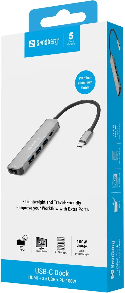 Sandberg 136-32 USB-C Dock - HDMI + 3x USB + PD 100W - Grijs