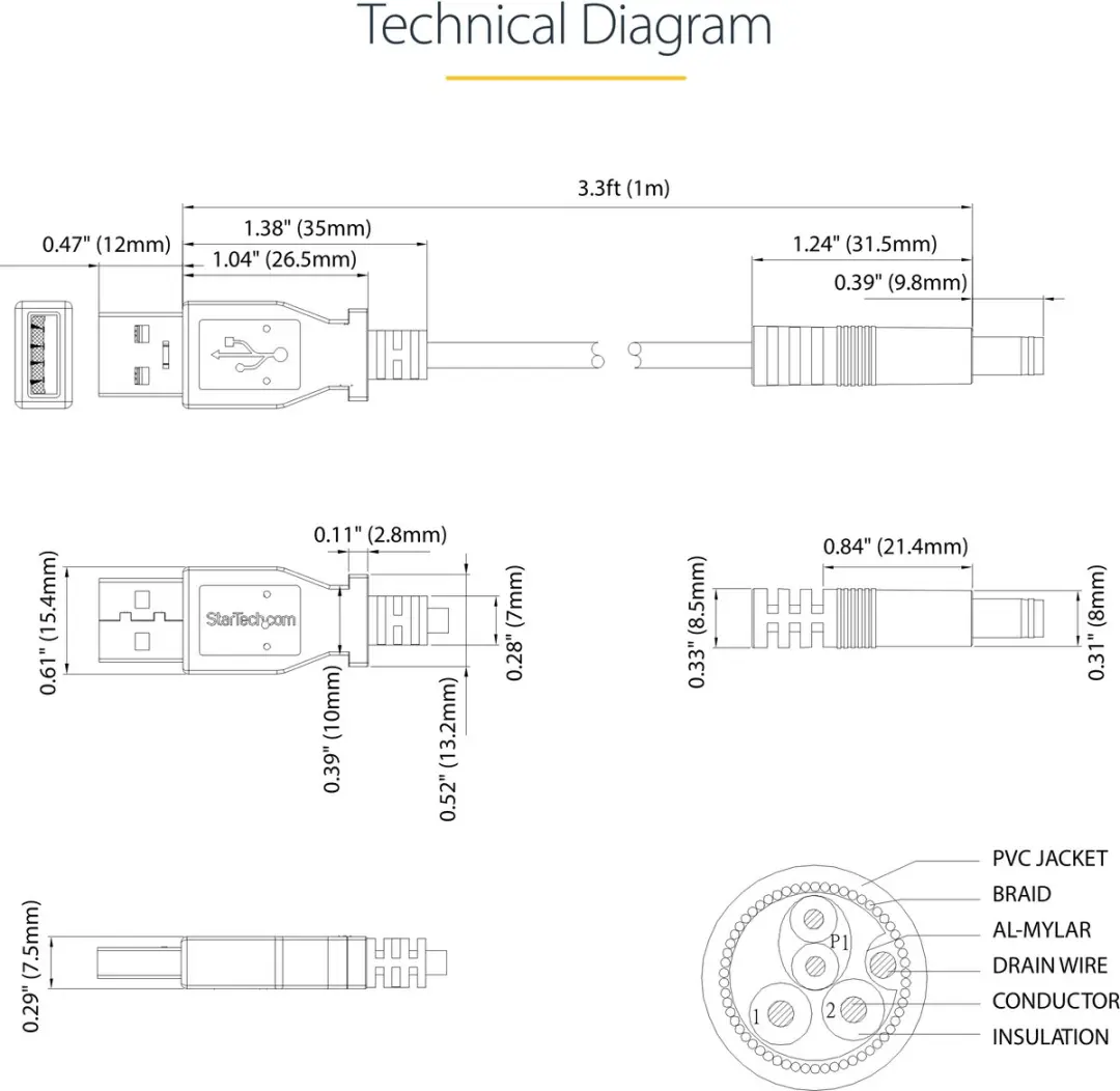 Startech USB naar 5V DC Voedingskabel 1m - 5,5x2,5mm - Zwart - afbeelding 6 van 6