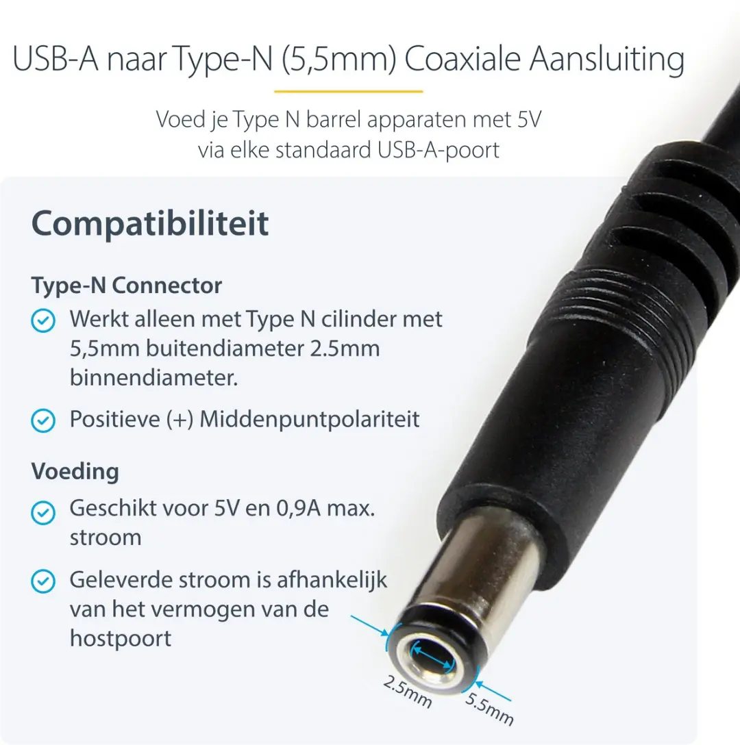 Startech USB naar 5V DC Voedingskabel 1m - 5,5x2,5mm - Zwart - afbeelding 2 van 6