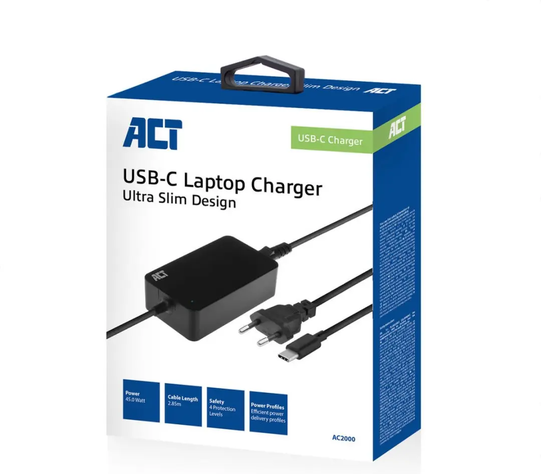 ACT AC2000 USB-C Laptopoplader 45W - Zwart - afbeelding 6 van 6