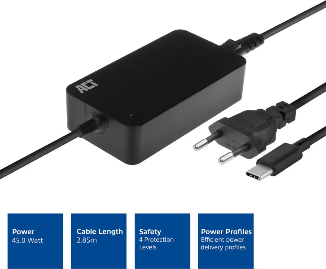 ACT AC2000 USB-C Laptopoplader 45W - Zwart