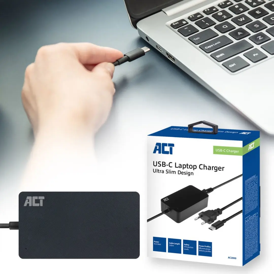 ACT AC2000 USB-C Laptopoplader 45W - Zwart