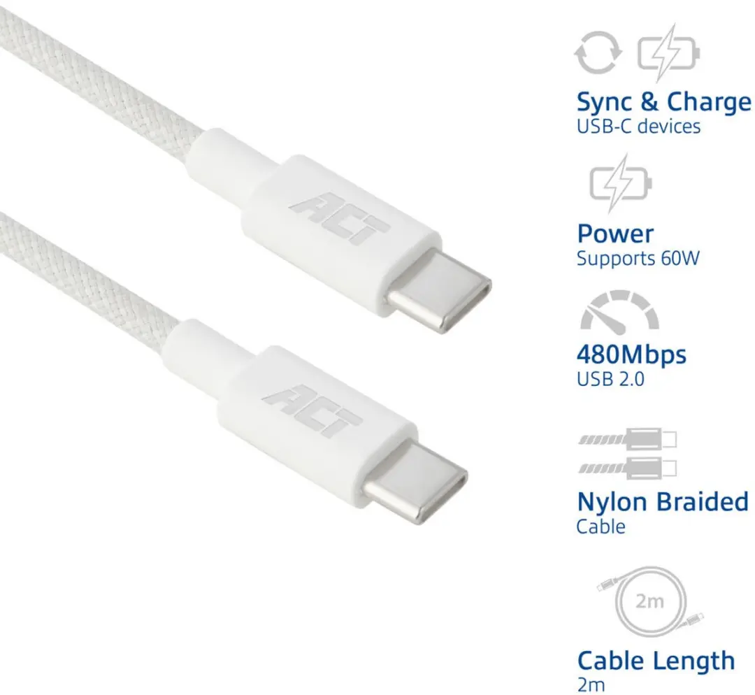 ACT AC3081 USB-C naar USB-C Kabel 60W - 2m - Wit