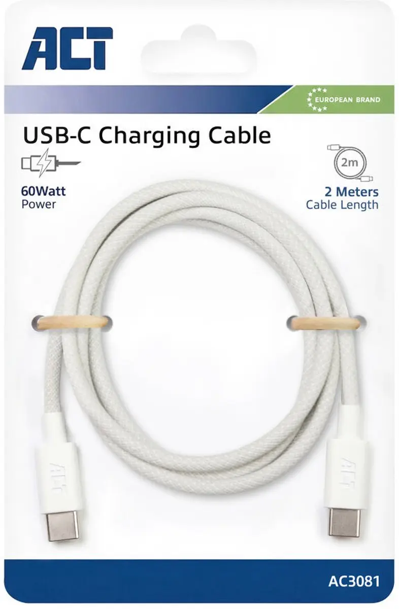 ACT AC3081 USB-C naar USB-C Kabel 60W - 2m - Wit