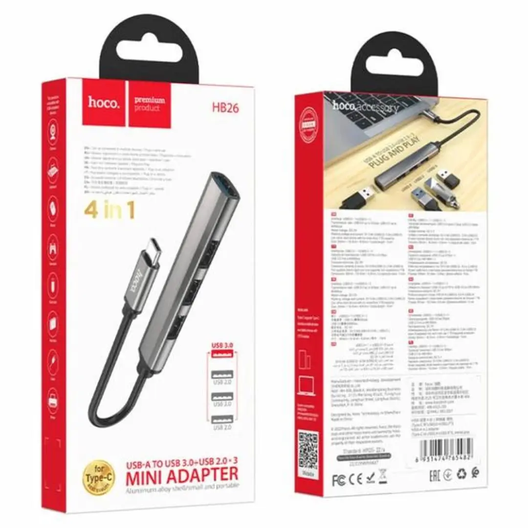 Hoco HB26C 4-in-1 USB-C Hub - 2x USB-C 3.1 Gen1 + USB-A 3.0