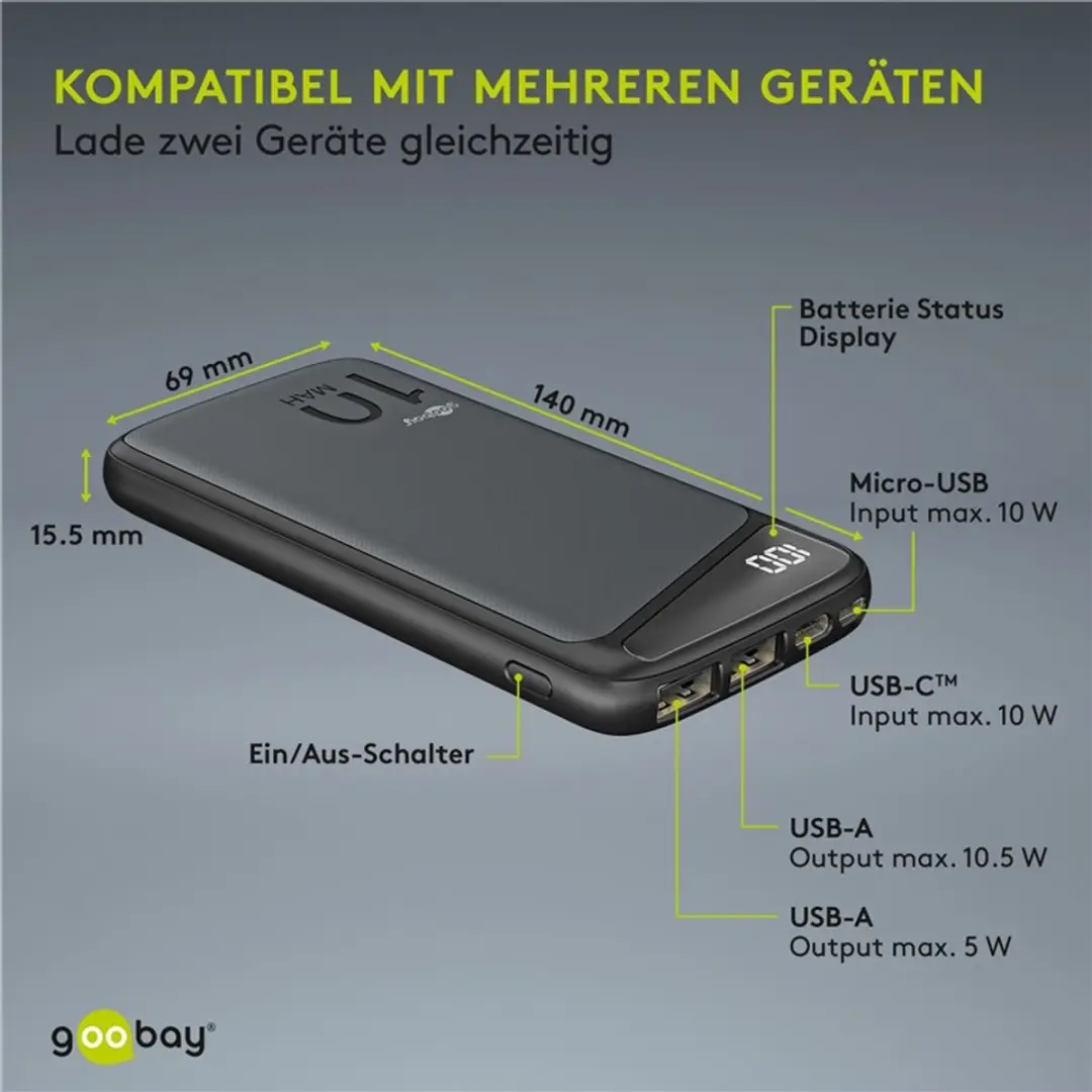 Goobay Powerbank 10.000mAh 2x USB-A - 2x Smartphone - Zwart