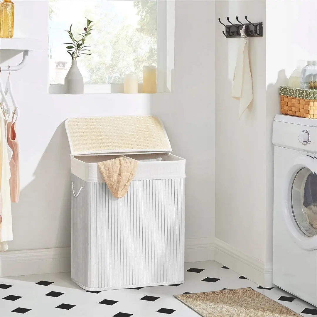 Songmics Bamboe Wasmand 100L - 2 Compartimenten Wit