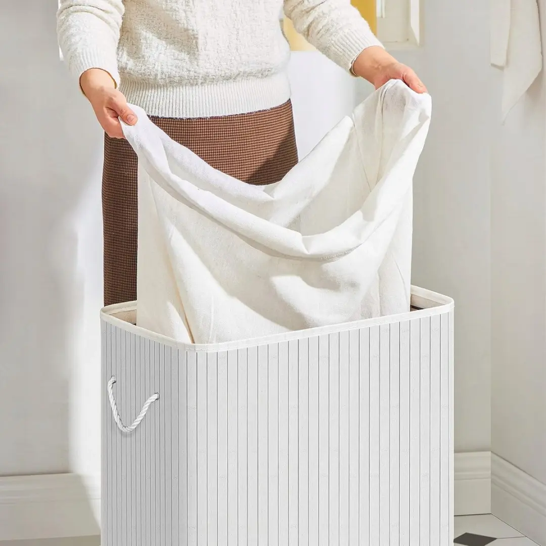 Songmics Bamboe Wasmand 100L - 2 Compartimenten Wit