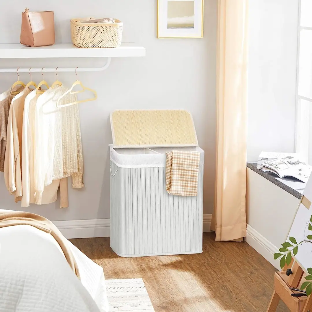 Songmics Bamboe Wasmand 100L - 2 Compartimenten Wit