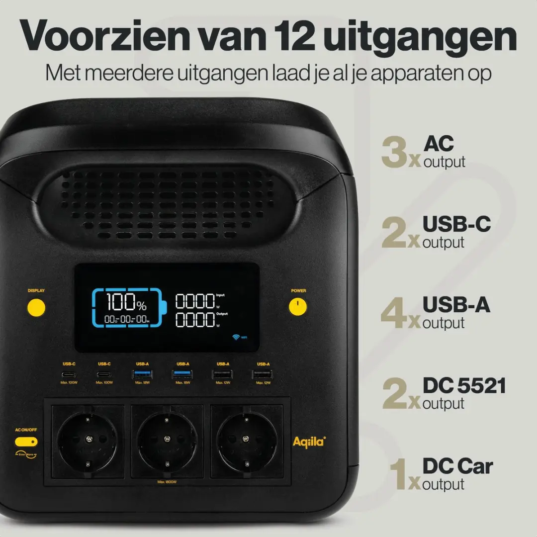 Aqiila Portable Powerstation 1800W 1224Wh - 12 Uitgangen