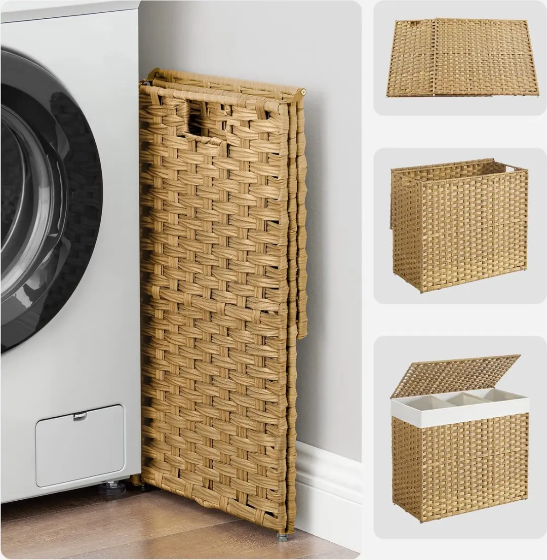 Songmics Wasmand met deksel 160L - 3 Compartimenten - Natuurlijke kleuren - afbeelding 6 van 6