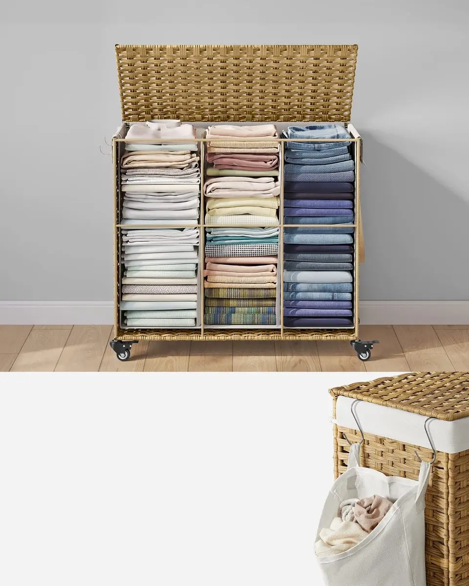 Songmics Wasmand met deksel 160L - 3 Compartimenten - Natuurlijke kleuren