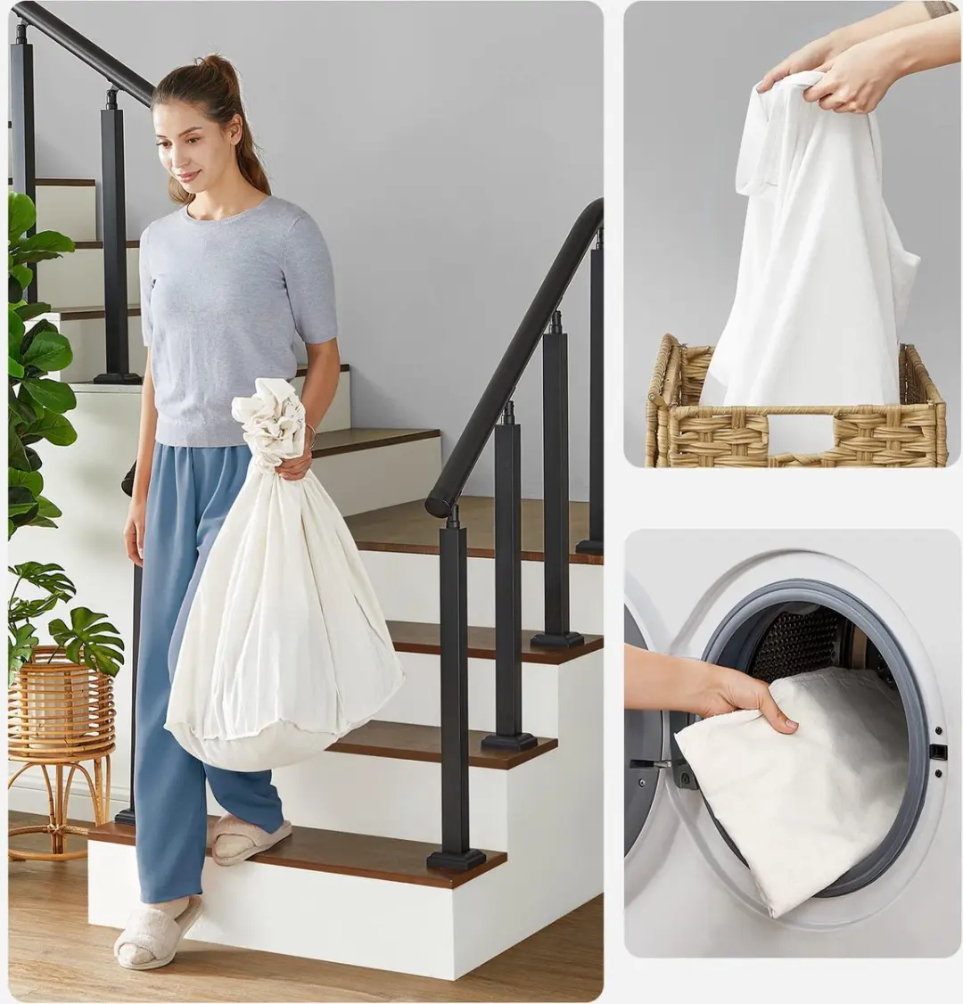 Songmics Wasmand met deksel 160L - 3 Compartimenten - Natuurlijke kleuren