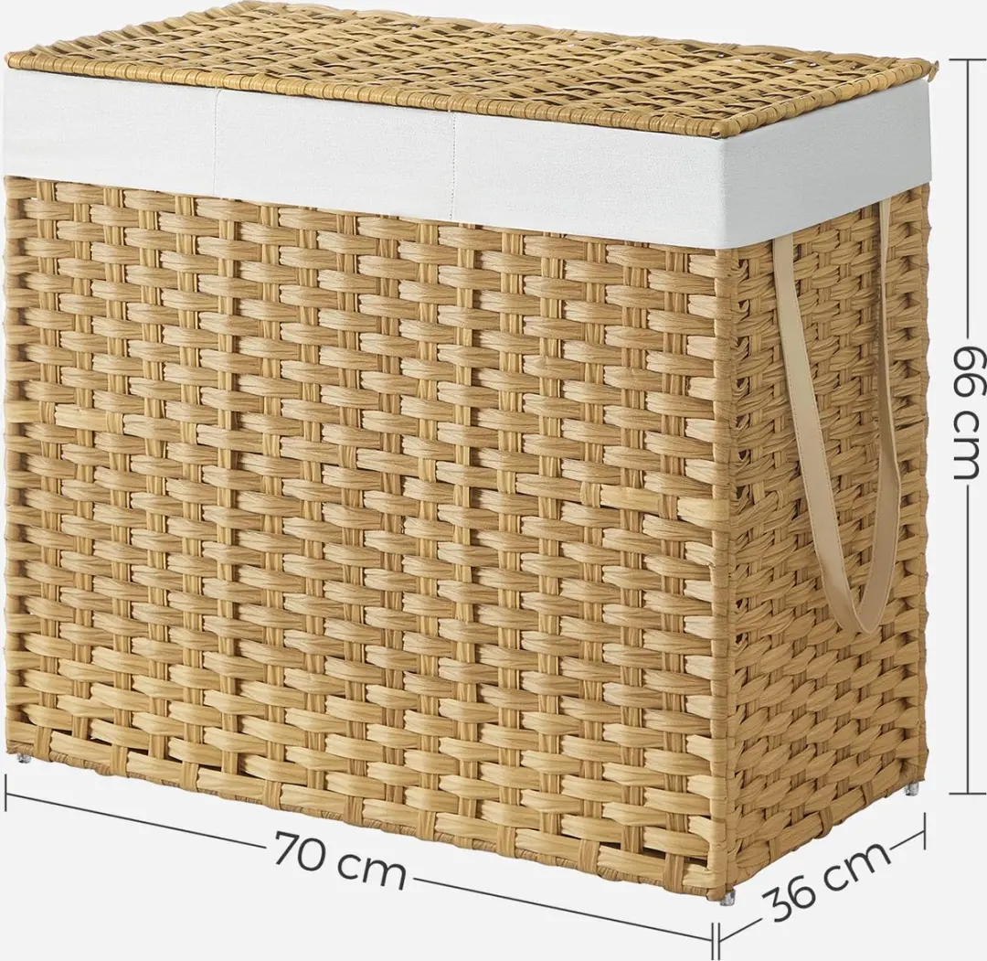 Songmics Wasmand met deksel 160L - 3 Compartimenten - Natuurlijke kleuren
