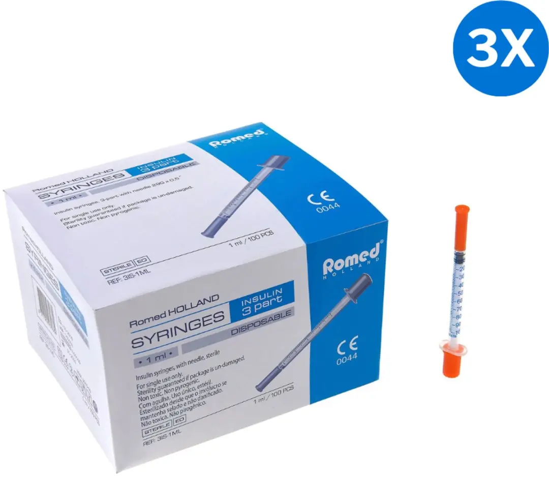 Romed 3-delige insulinespuit met naald 300 Stuks