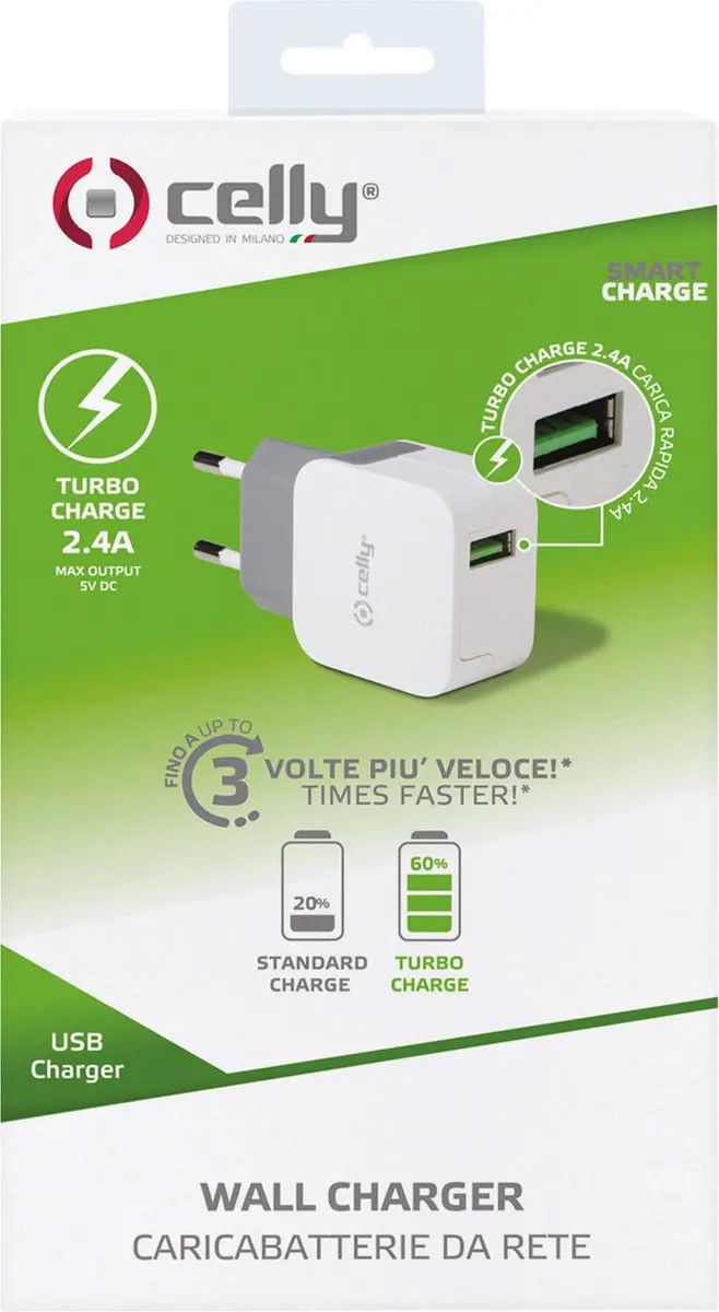 Celly TCUSBTURBO USB-A Thuislader 2.4A - Wit - afbeelding 4 van 4