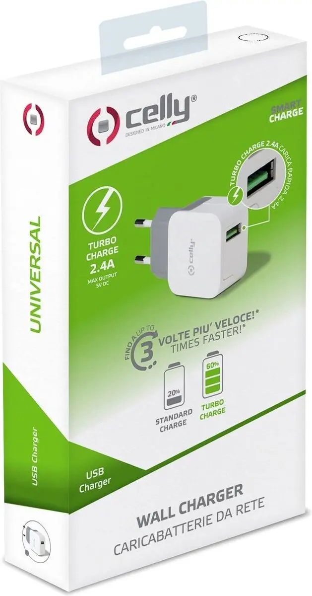 Celly TCUSBTURBO USB-A Thuislader 2.4A - Wit - afbeelding 3 van 4