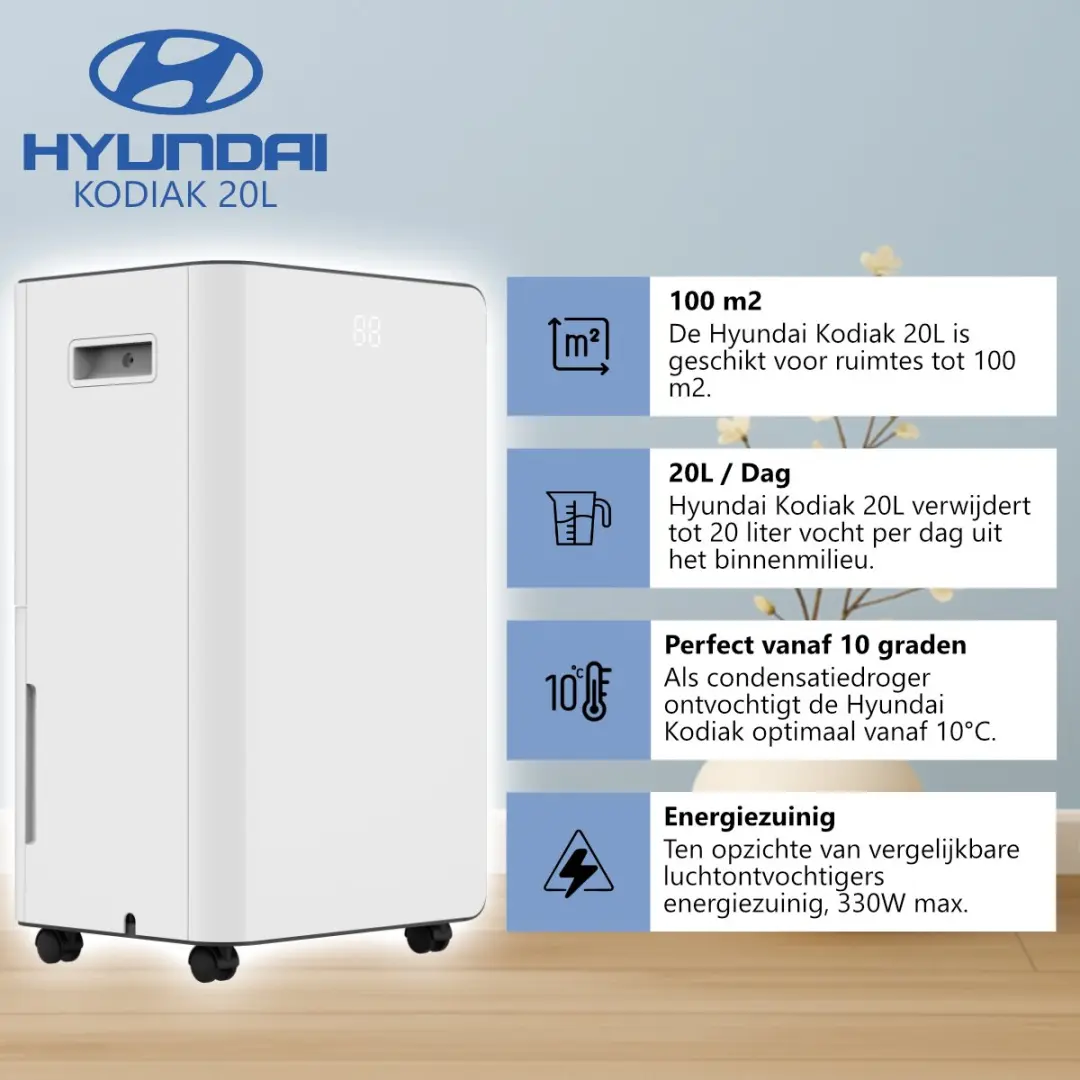 Hyundai Kodiak 20L Luchtontvochtiger 20L/dag - 100m² - Wit - afbeelding 5 van 6