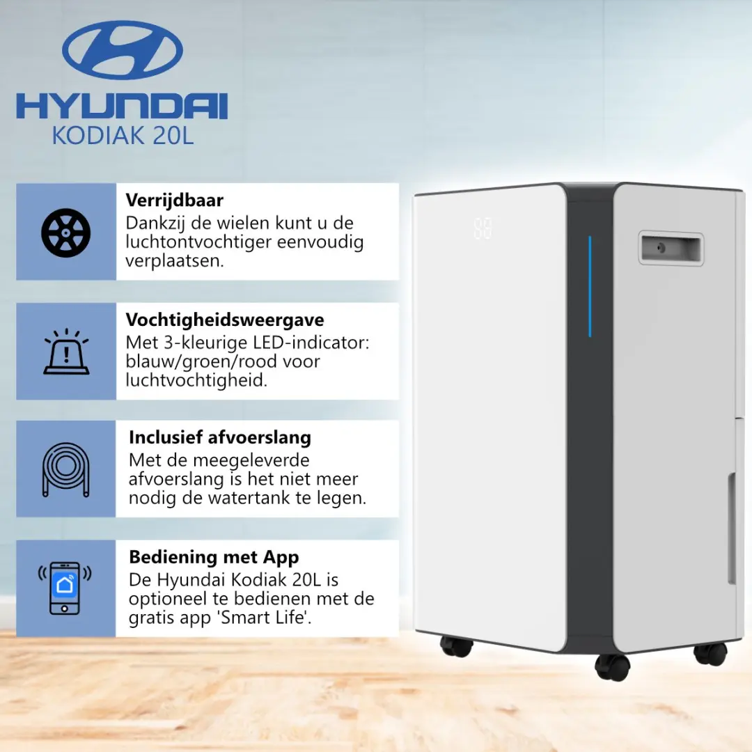 Hyundai Kodiak 20L Luchtontvochtiger 20L/dag - 100m² - Wit - afbeelding 6 van 6