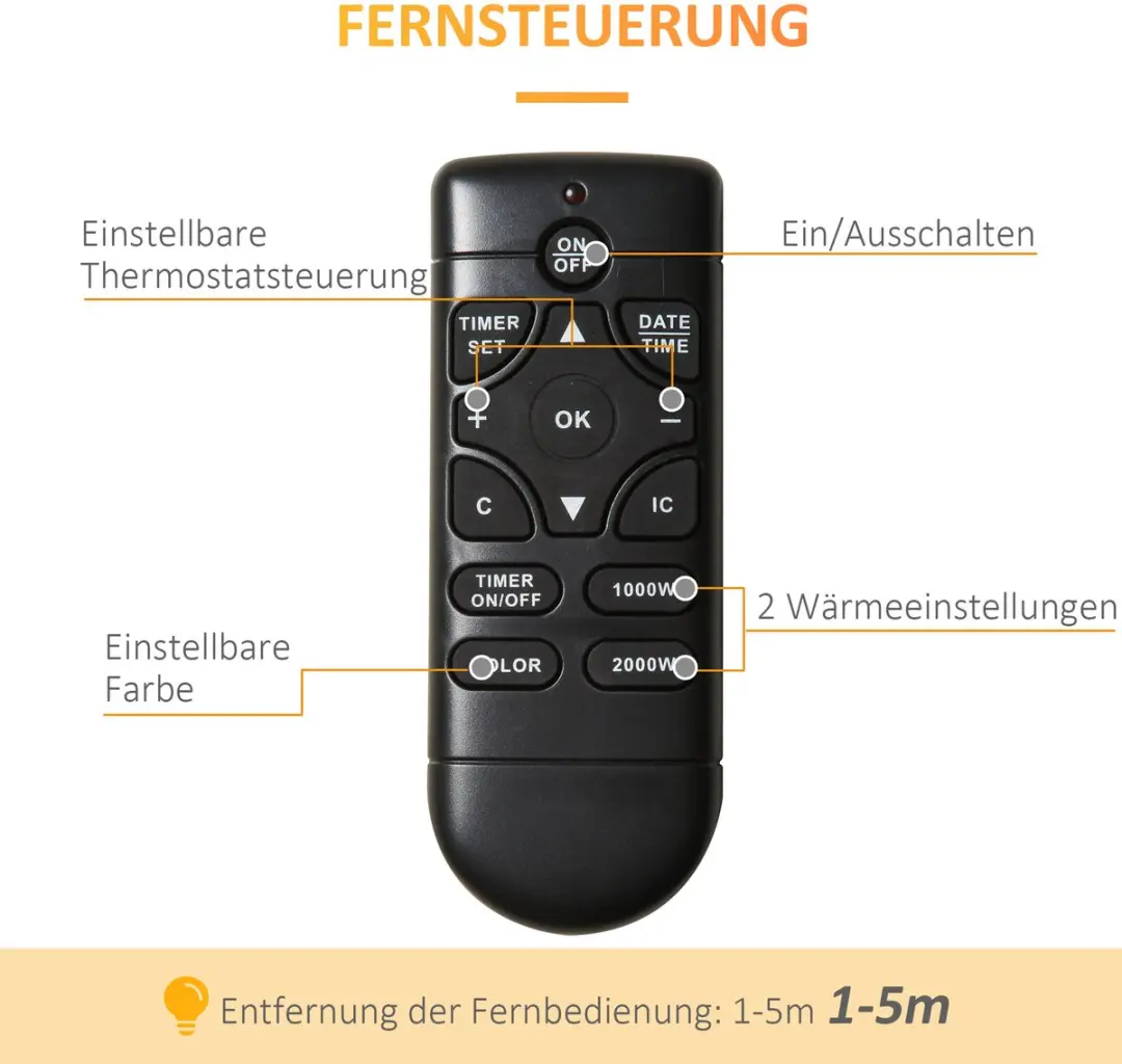 Homcom Elektrokamin Metall Schwarz 2000W - afbeelding 5 van 6