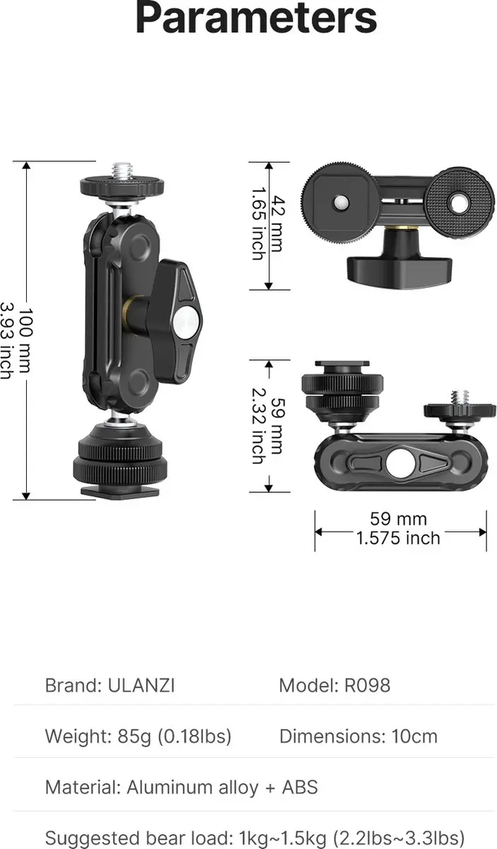Ulanzi R098 Mini Magic Arm - tot 1,5kg - Zwart