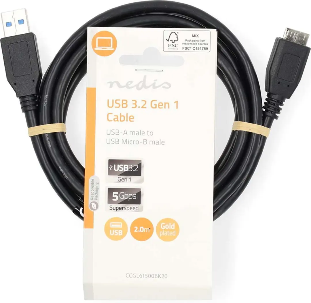 Nedis USB 3.2 Gen 1 A-MicroB Kabel 5Gbps 2m - Zwart