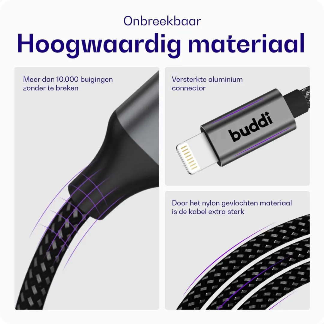 Buddi Flex USB-A naar Lightning Kabel 5M - 12W Fast Charge - 480Mbps