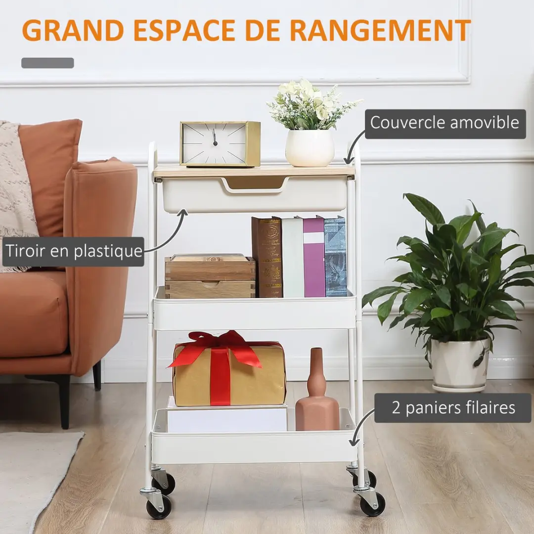 Homcom Gebruikswagen Staal 43,9x30,5x75,6cm Wit - afbeelding 6 van 6