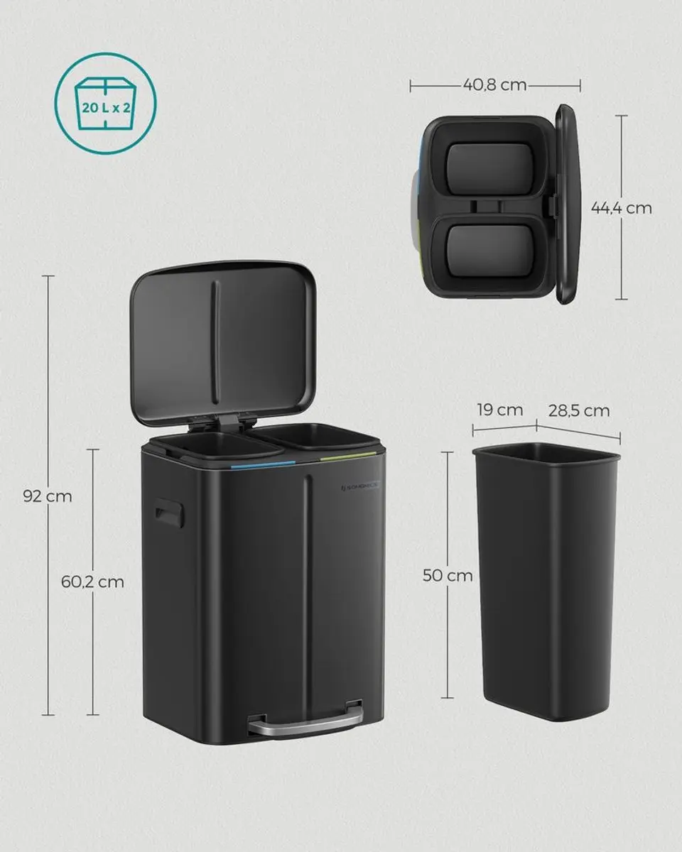 Songmics LTB40B02 Keukenvuilnisemmer 2x20L - Zwart