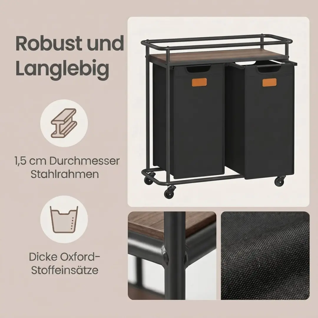 Songmics Wasmand op wielen - 72x33x80cm - Zwartbruin - afbeelding 6 van 6
