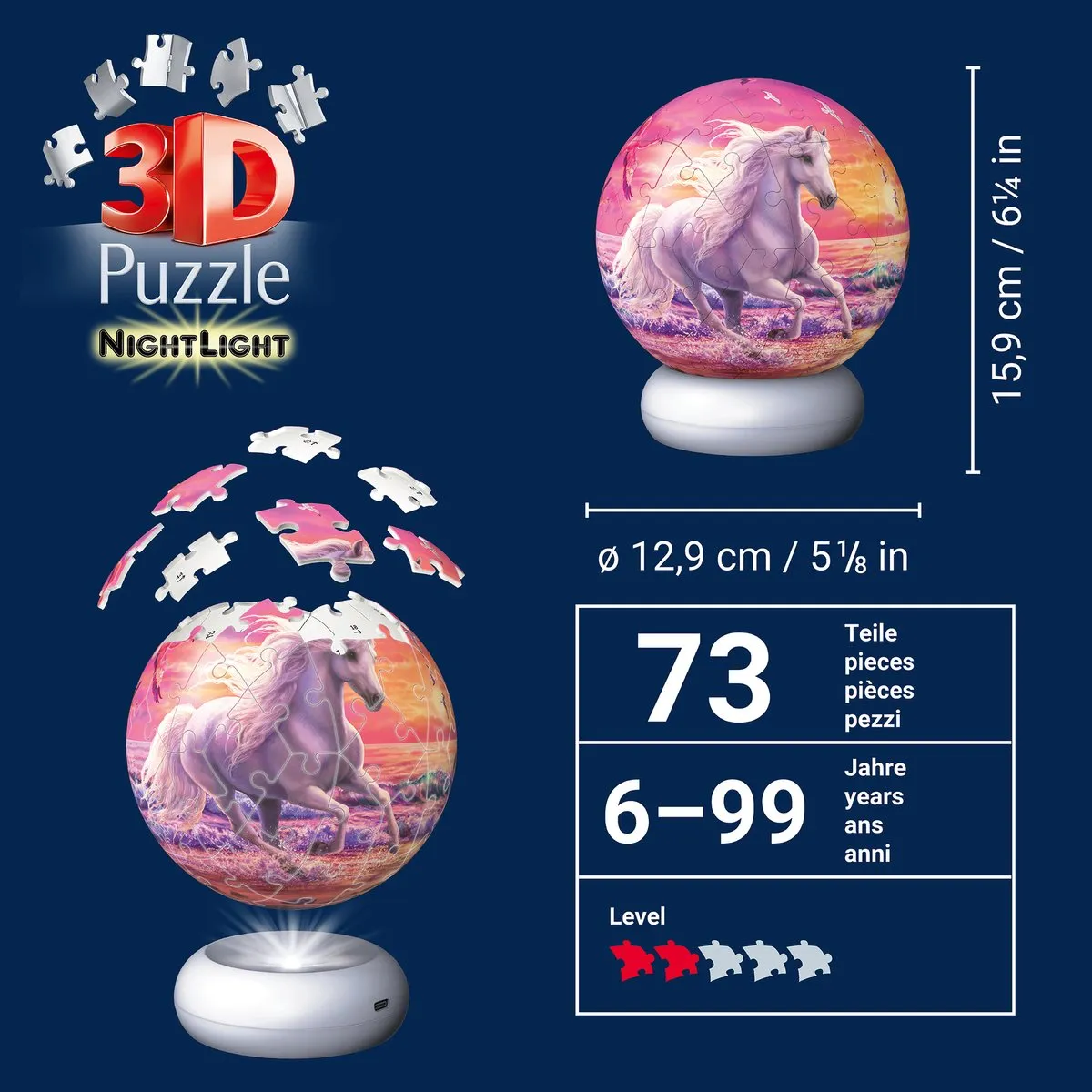 Ravensburger Paarden aan het Strand 3D Puzzle-Ball Nachtlicht - 73 Stukjes
