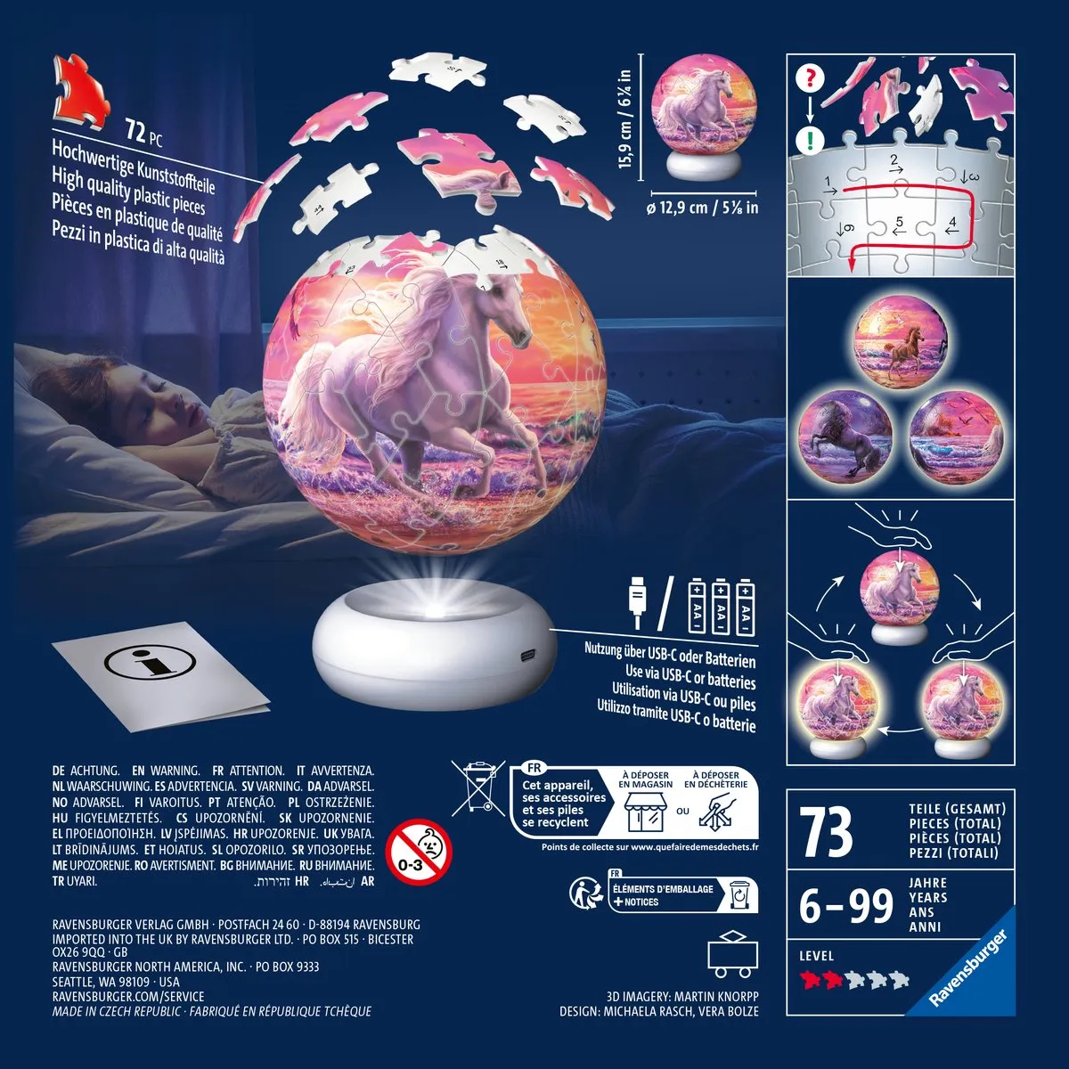 Ravensburger Paarden aan het Strand 3D Puzzle-Ball Nachtlicht - 73 Stukjes