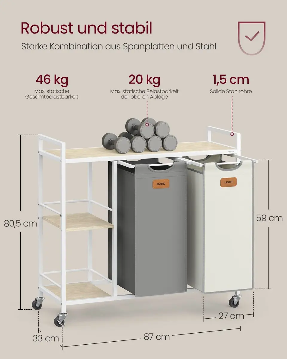 Songmics Wasmand 100L - 2 Vakken Naturel Beige/Duifgrijs/Crème - afbeelding 6 van 6