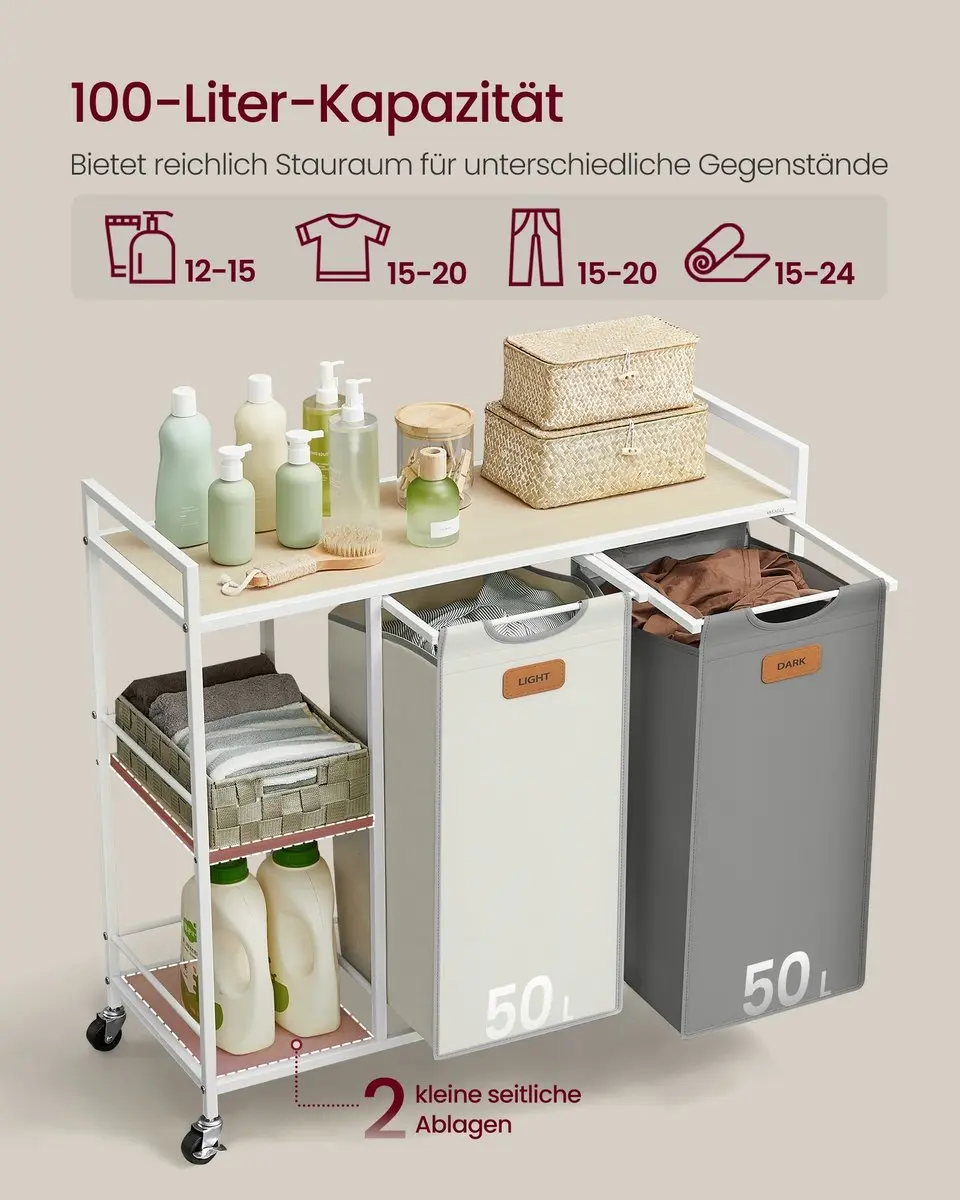 Songmics Wasmand 100L - 2 Vakken Naturel Beige/Duifgrijs/Crème - afbeelding 3 van 6