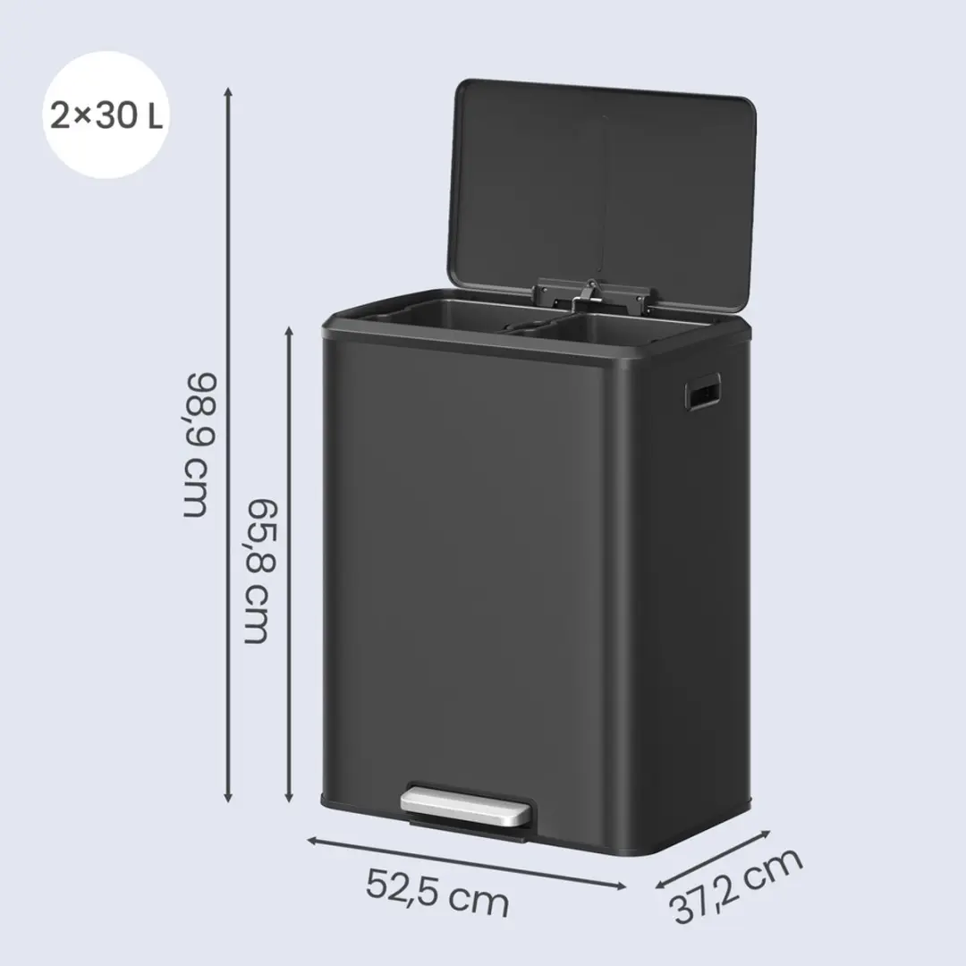 Songmics Afvalemmer 60L - 2 Vakken - Zwart - afbeelding 3 van 6