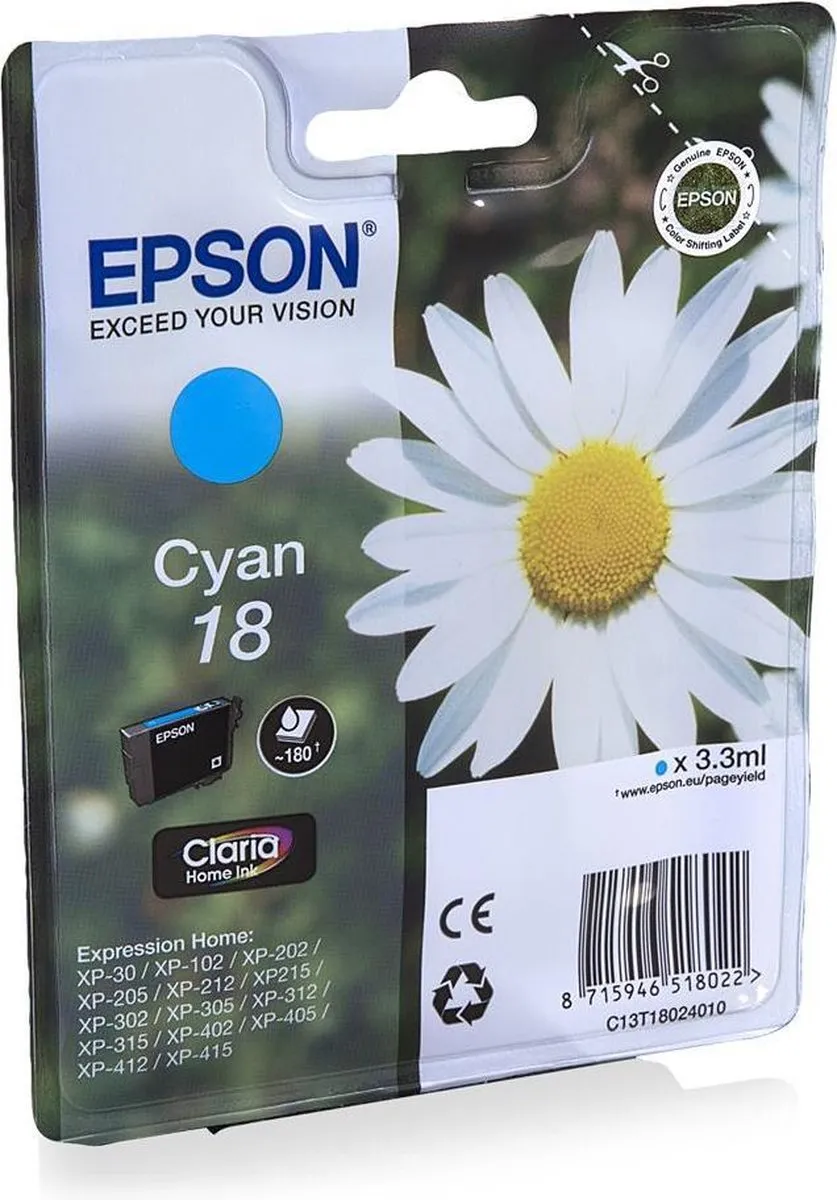 Epson C13T18024010 Cyaan Inktcartridge - 180 pagina's