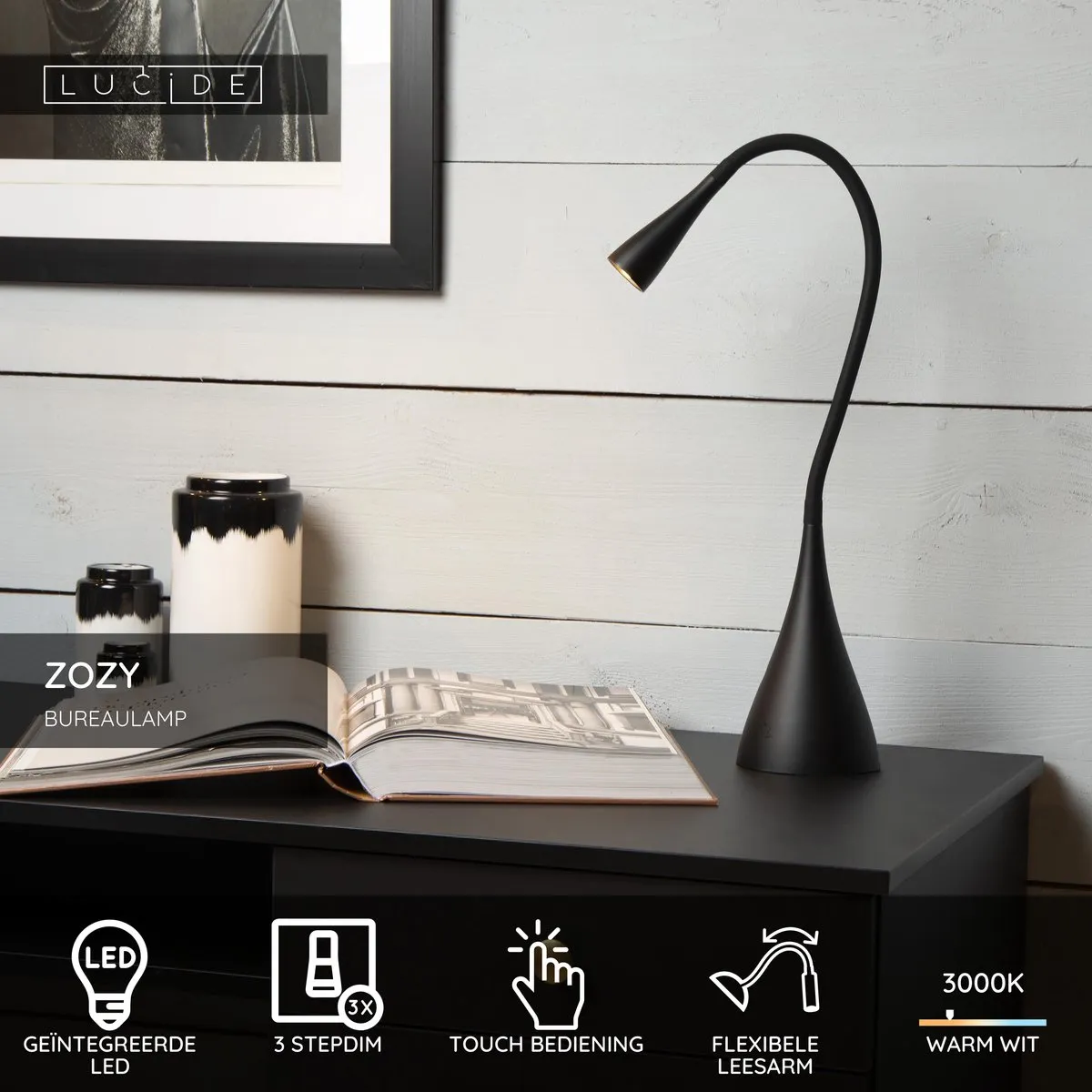 Lucide ZOZY Bureaulamp LED 3 StepDim 4W - Zwart