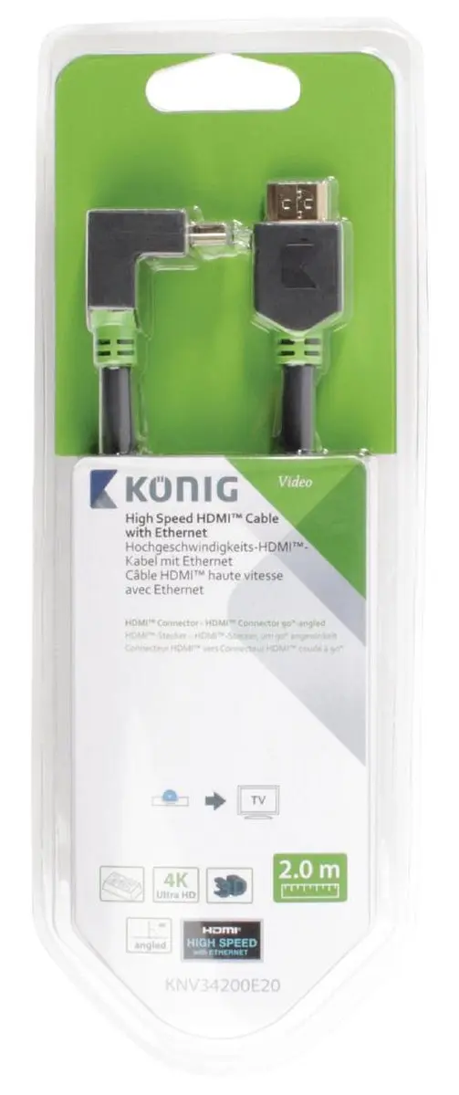 Konig High Speed HDMI Kabel 2.0 2m - 90° Haaks - Zwart - afbeelding 4 van 6