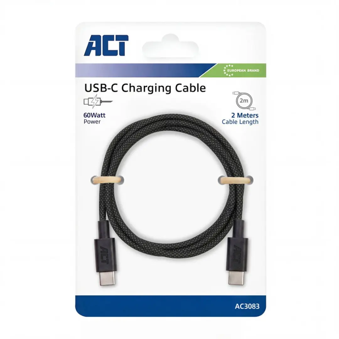 ACT AC3083 USB-C naar USB-C Kabel 60W - 2m - Zwart
