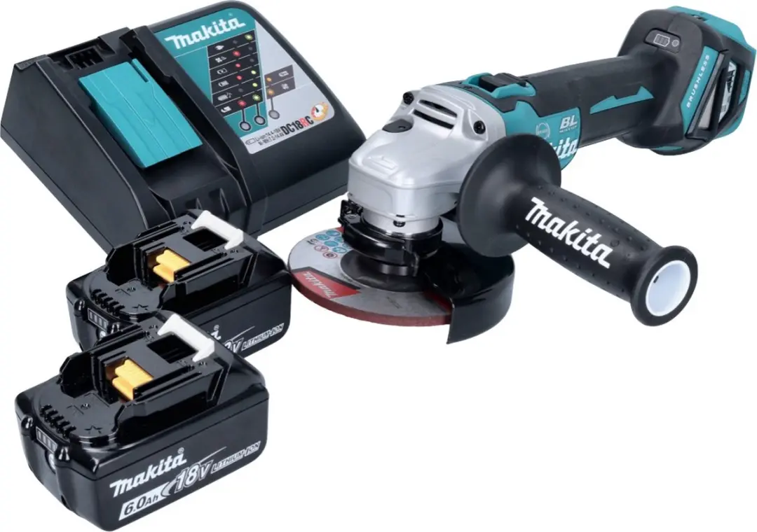 Makita DGA 513 RG Haakse Slijper 125mm - 2x 6.0Ah Accu + Lader