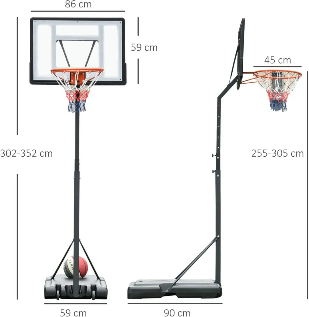 Homcom Basketbal Hoepel Standaard - 90x165cm - 302-352cm Zwart