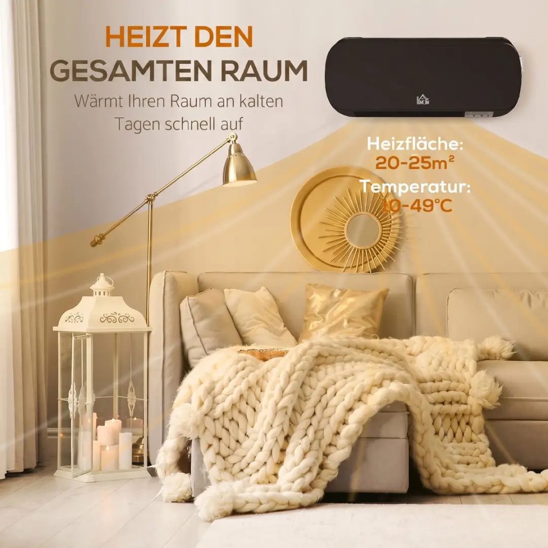 Homcom Wandverwarming 2000W - 3 standen - Zwart - afbeelding 5 van 6